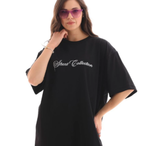 Kadın Baskılı T-Shirt Kısa Kol Bisiklet Yaka Oversize Rahat Kalıp Günlük Tişört - Siyah
