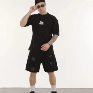 Erkek Kısa Kol Yazlık Tişört Bisiklet Yaka Baskılı Oversize T-Shirt - Siyah