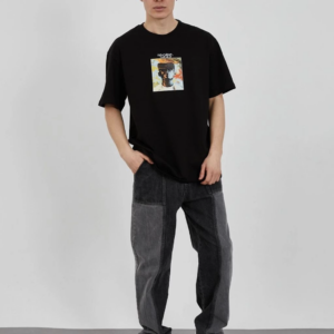 Erkek Kısa Kol Yazlık Tişört Bisiklet Yaka Baskılı Oversize T-Shirt - Siyah