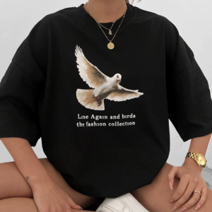 Kadın Kısa Kol Yazlık Tişört Bisiklet Yaka Güvercin Baskılı T-Shirt - Siyah