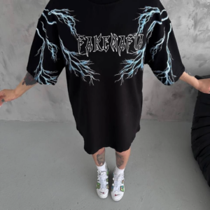 Kadın Bisiklet Yaka Yıldırım Baskılı  Kısa kol Oversize T-Shirt - Siyah