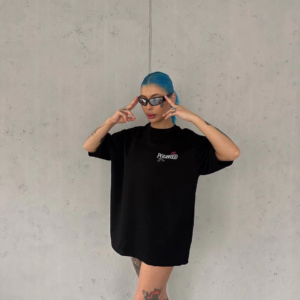 Kadın Bisiklet Yaka Baskılı kısa kol Oversize T-Shirt - Siyah