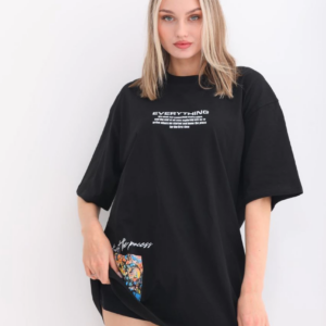 kadın  Bisiklet Yaka Baskılı Oversize T-Shirt - Siyah
