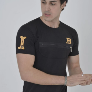 Erkek Baskılı T-Shirt Kısa Kol Bisiklet Yaka Göğüs Fermuarlı Slimfit Tişört  - Siyah