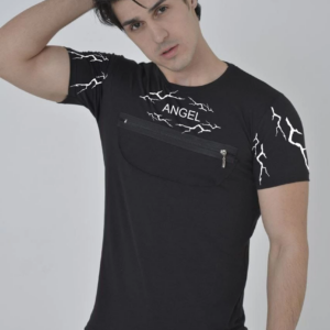 Erkek Baskılı T-Shirt Kısa Kol Bisiklet Yaka Göğüs Fermuarlı Slimfit Tişört  - Siyah