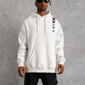 Erkek 3 İplik Pamuklu Kapüşonlu Baskılı Cepli Oversize Sweatshirt Hoodie - Beyaz