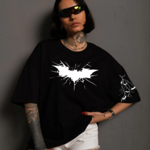 Kadın Bisiklet yaka tişort Ön ve Kol Yarasa Baskılı T-shirt - Siyah