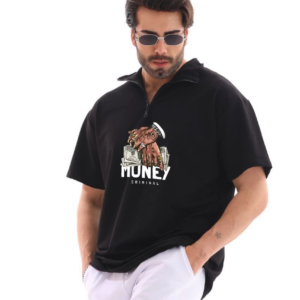Erkek Yarım Fermuarlı Oversize Baskılı T-Shirt - Siyah