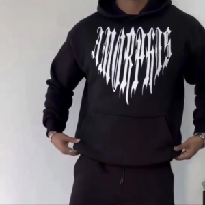 Erkek Kapüşonlu Kanguru Cepli Sweatshirt 3 İplik Pamuklu Baskılı Hoodie -  Siyah