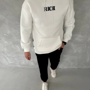 Erkek Kapüşonlu Kanguru Cepli Sweatshirt 3 İplik Pamuklu Baskılı Hoodie -  Beyaz