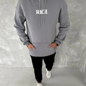 Erkek 3 İplik Pamuklu Kapüşonlu Kanguru Cepli Baskılı Oversize Hoodie Sweatshirt - Gri