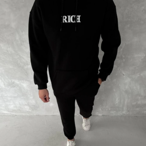 Erkek Kapüşonlu Kanguru Cepli Sweatshirt 3 İplik Pamuklu Baskılı Hoodie -  Siyah