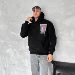 Erkek Kapüşonlu Kanguru Cepli Sweatshirt 3 İplik Pamuklu Baskılı Hoodie - Siyah
