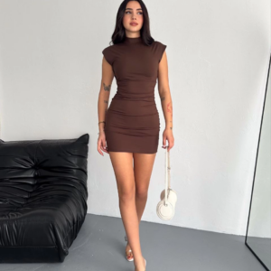 Yarım Bogazlı Kolsuz Mini Boy Elbise - Kahve