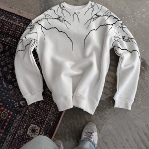 Erkek Yıldırım Baskılı Bisiklet Yaka 3 iplik pamuklu SweatShirt - Beyaz
